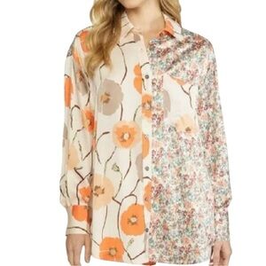 Entro Button Up Women’s 2X Satin Orange Floral Bloom Long Sleeve Business Casual